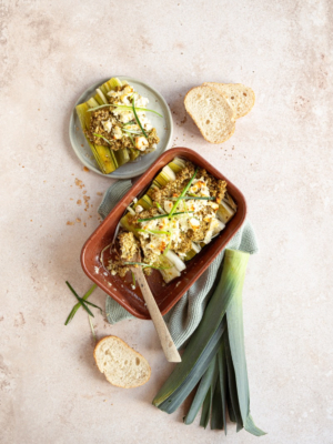 Gebackener Lauch mit Grünkern und Feta Topping