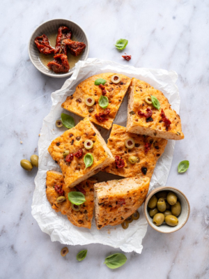 Mediterranes Fladenbrot mit Oliven und Tomaten